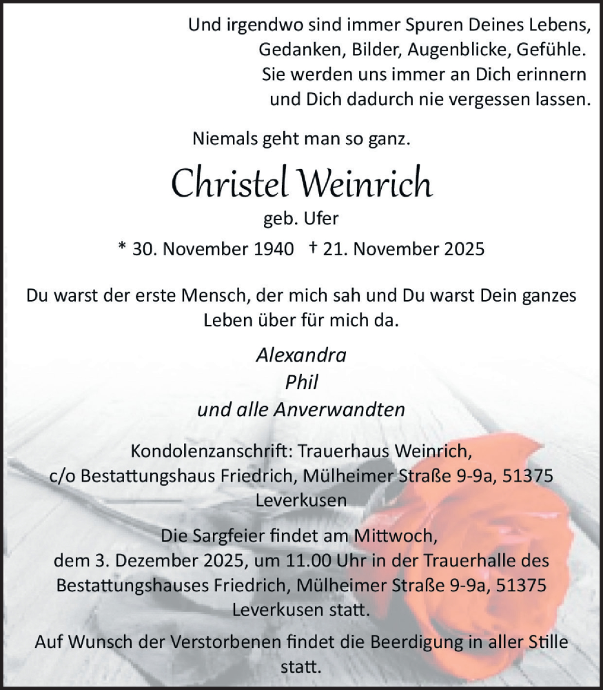  Traueranzeige für Christel Weinrich vom 29.11.2025 aus Kölner Stadt-Anzeiger / Kölnische Rundschau / Express