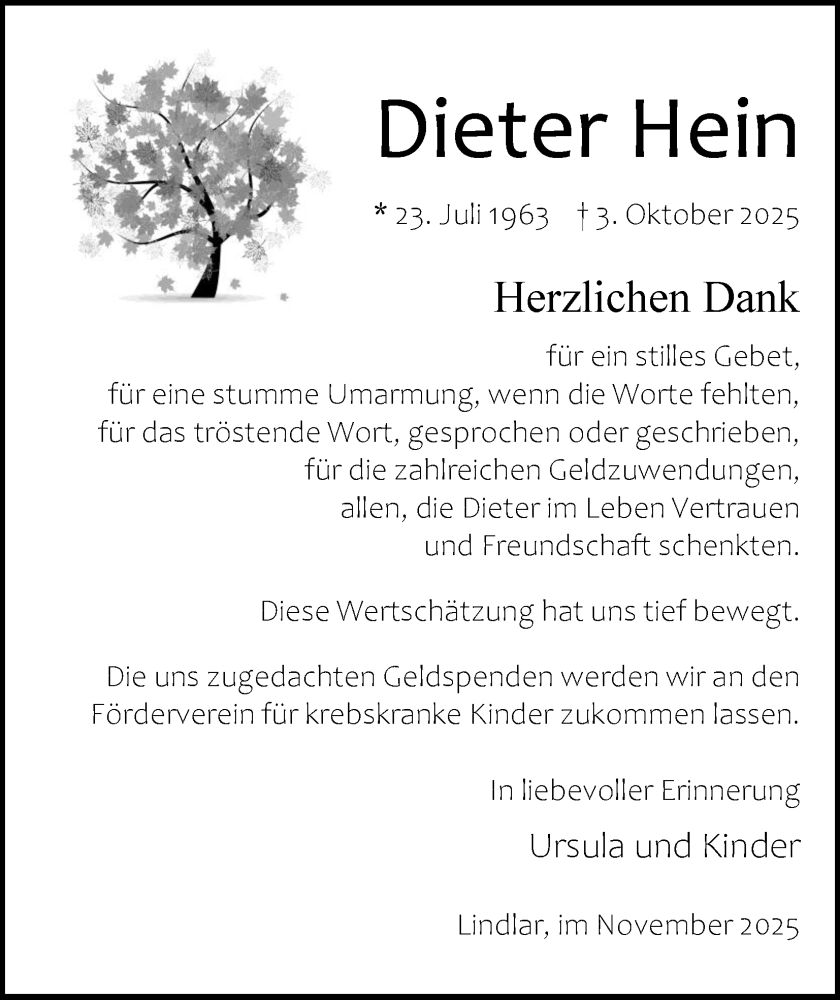  Traueranzeige für Dieter Hein vom 15.11.2025 aus Kölner Stadt-Anzeiger / Kölnische Rundschau / Express