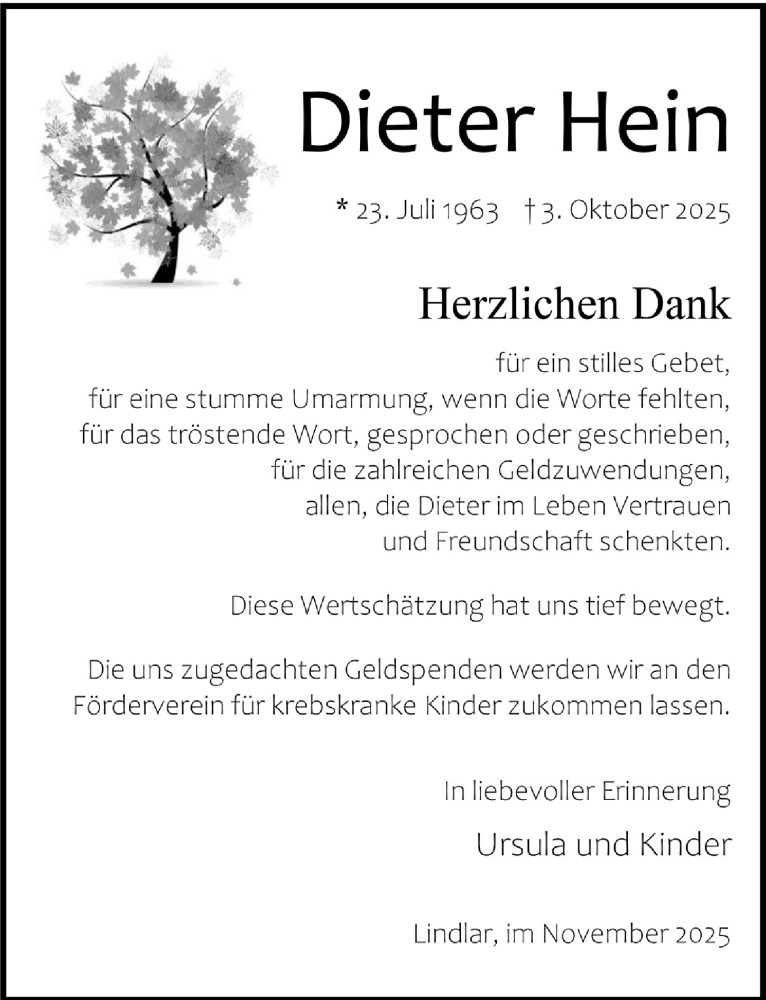  Traueranzeige für Dieter Hein vom 14.11.2025 aus  Anzeigen Echo 