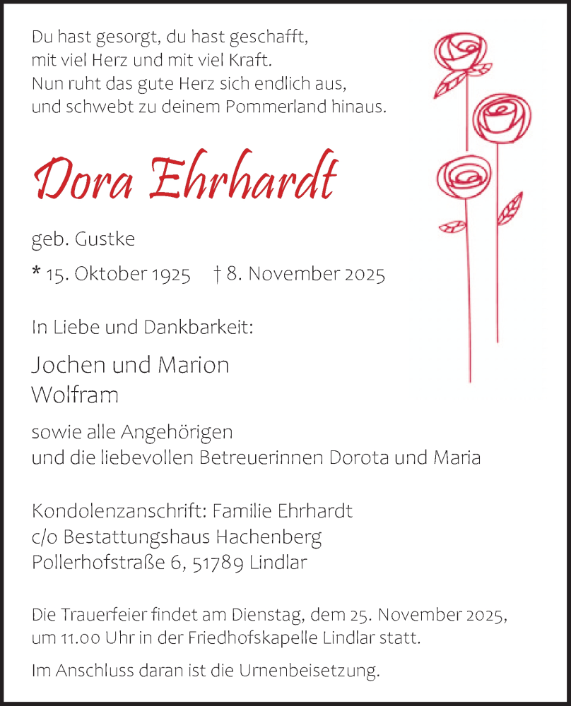  Traueranzeige für Dora Ehrhardt vom 15.11.2025 aus Kölner Stadt-Anzeiger / Kölnische Rundschau / Express
