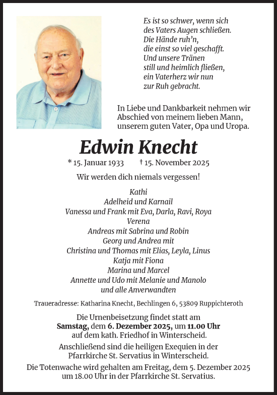 Anzeige von Edwin Knecht von Kölner Stadt-Anzeiger / Kölnische Rundschau / Express