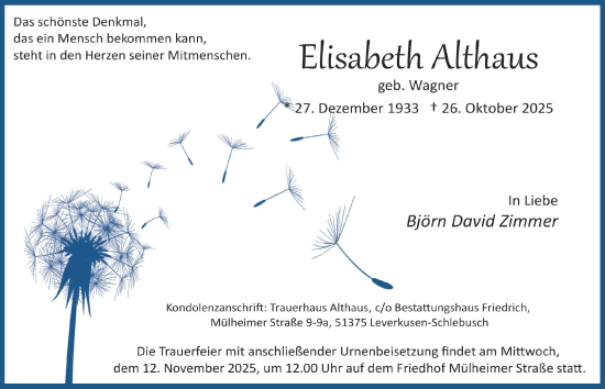 Anzeige von Elisabeth Althaus von  Lokale Informationen 