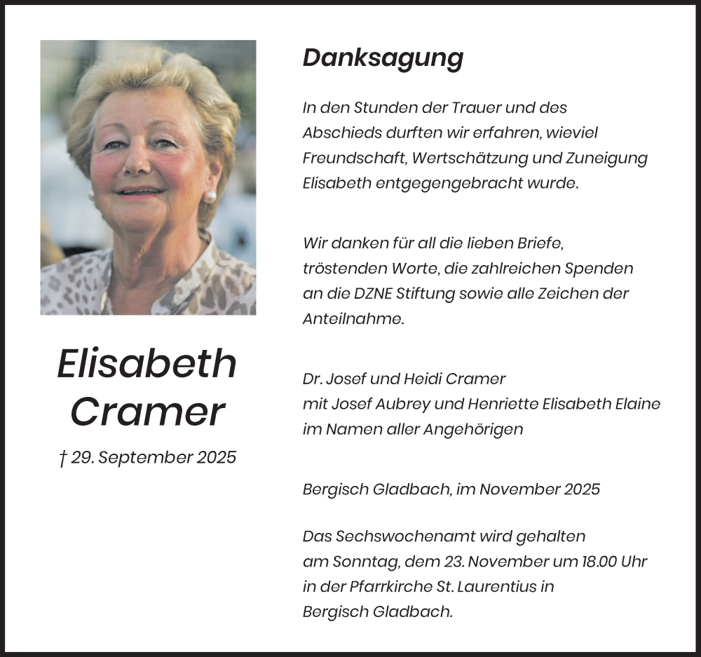  Traueranzeige für Elisabeth Cramer vom 15.11.2025 aus Kölner Stadt-Anzeiger / Kölnische Rundschau / Express
