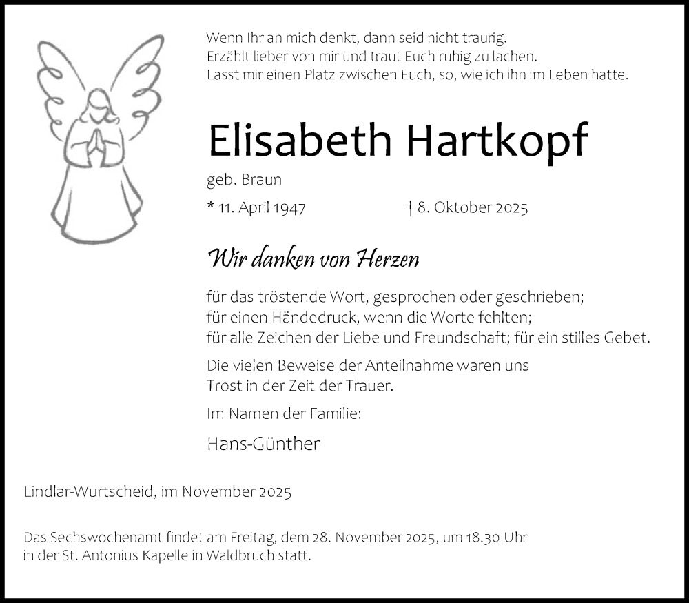  Traueranzeige für Elisabeth Hartkopf vom 22.11.2025 aus Kölner Stadt-Anzeiger / Kölnische Rundschau / Express