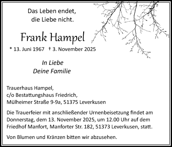Anzeige von Frank Hampel von Kölner Stadt-Anzeiger / Kölnische Rundschau / Express