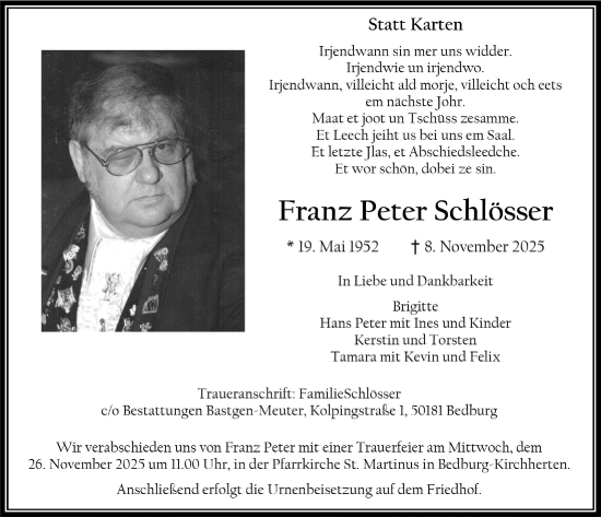 Anzeige von Franz Peter Schlösser von  Werbepost 