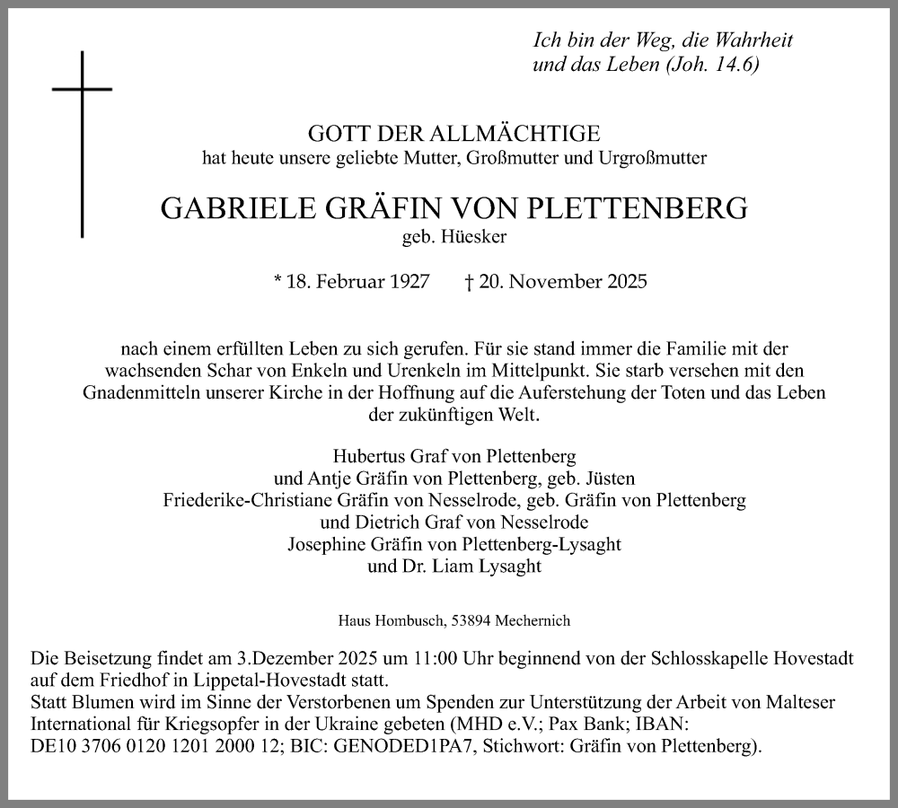  Traueranzeige für Gabriele Gräfin von Plettenberg vom 29.11.2025 aus Kölner Stadt-Anzeiger / Kölnische Rundschau / Express