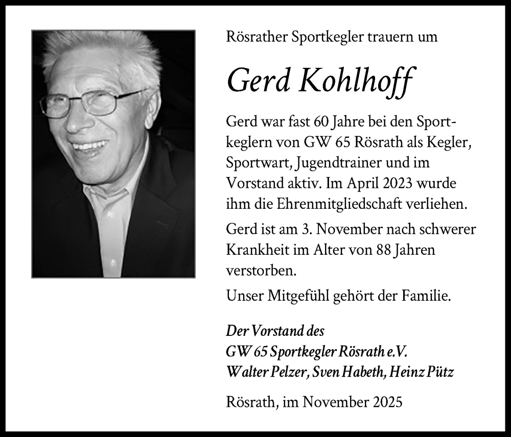  Traueranzeige für Gerd Kohlhoff vom 29.11.2025 aus Kölner Stadt-Anzeiger / Kölnische Rundschau / Express