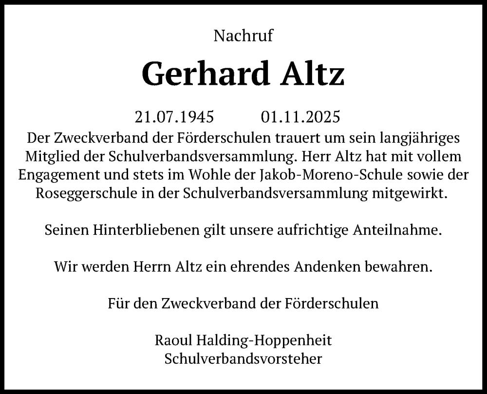  Traueranzeige für Gerhard Altz vom 18.11.2025 aus Kölner Stadt-Anzeiger / Kölnische Rundschau / Express