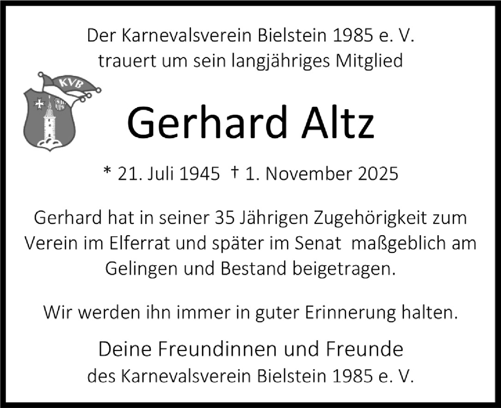  Traueranzeige für Gerhard Altz vom 14.11.2025 aus  Anzeigen Echo 