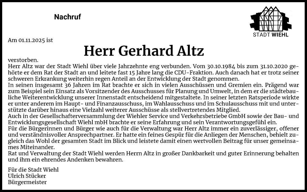  Traueranzeige für Gerhard Altz vom 10.11.2025 aus Kölner Stadt-Anzeiger / Kölnische Rundschau / Express