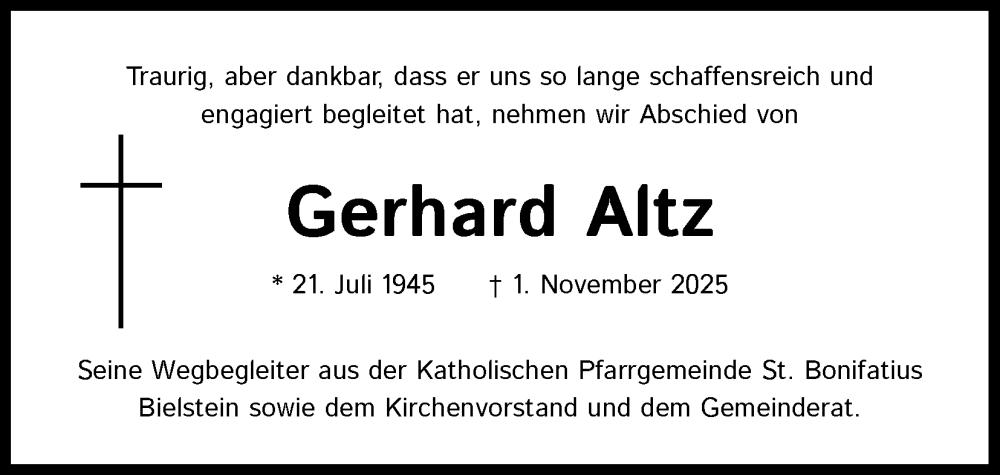  Traueranzeige für Gerhard Altz vom 12.11.2025 aus Kölner Stadt-Anzeiger / Kölnische Rundschau / Express