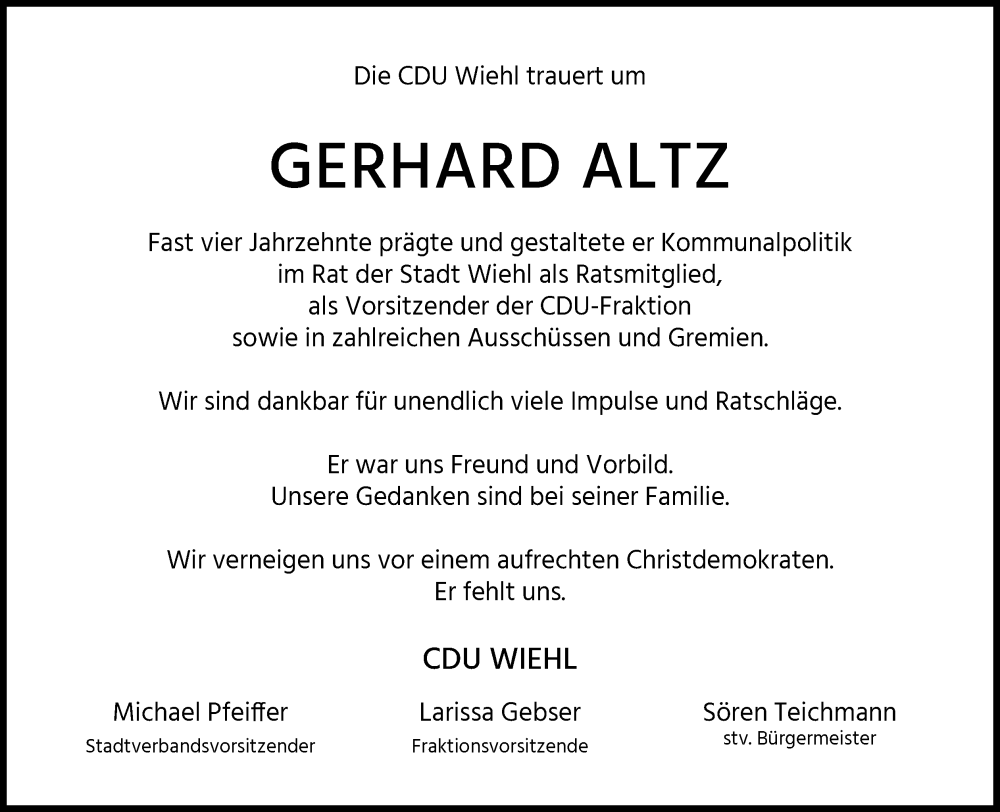  Traueranzeige für Gerhard Altz vom 08.11.2025 aus Kölner Stadt-Anzeiger / Kölnische Rundschau / Express