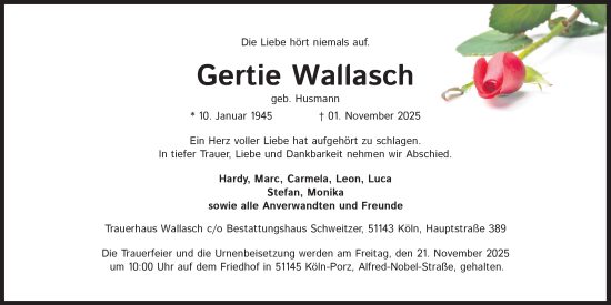 Anzeige von Gertie Wallasch von Kölner Stadt-Anzeiger / Kölnische Rundschau / Express