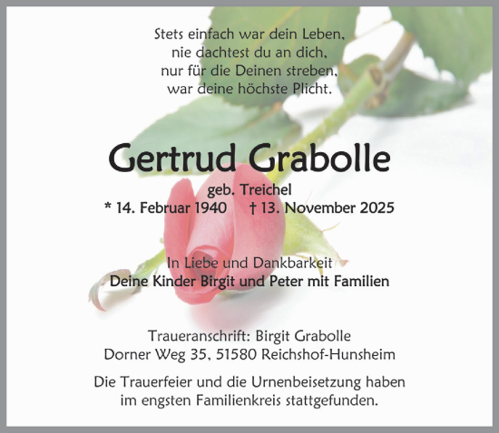 Anzeige von Gertrud Grabolle von  Anzeigen Echo 