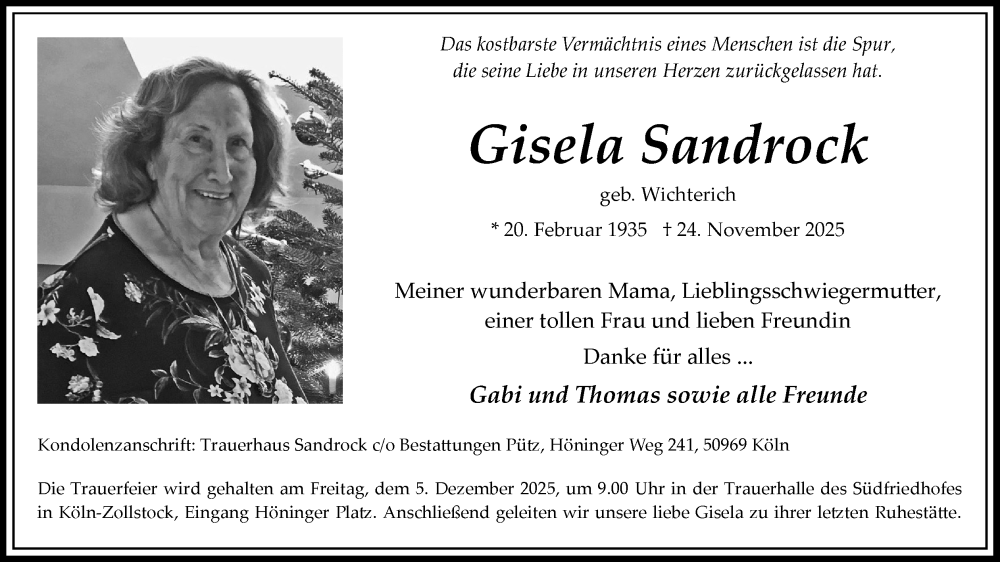  Traueranzeige für Gisela Sandrock vom 29.11.2025 aus Kölner Stadt-Anzeiger / Kölnische Rundschau / Express