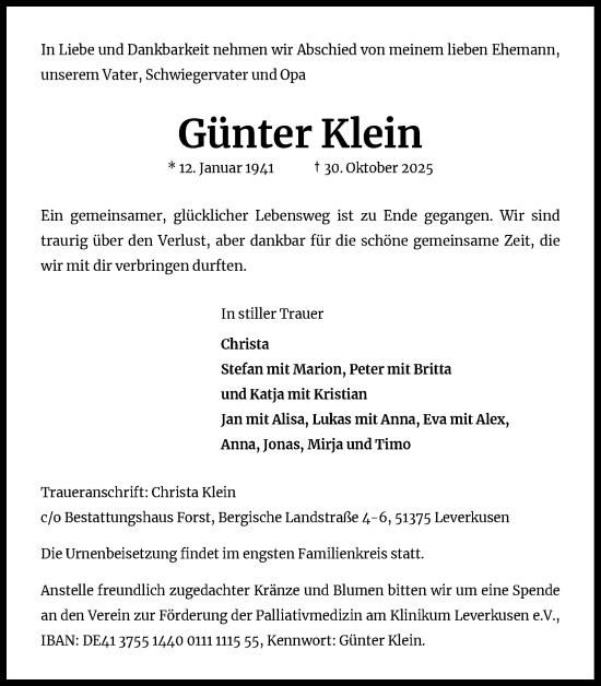 Anzeige von Günter Klein von Kölner Stadt-Anzeiger / Kölnische Rundschau / Express