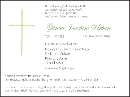 Anzeige von Günter Joachim Urban von Kölner Stadt-Anzeiger / Kölnische Rundschau / Express