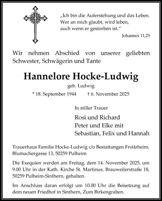 Anzeige von Hannelore Hocke-Ludwig von Kölner Stadt-Anzeiger / Kölnische Rundschau / Express