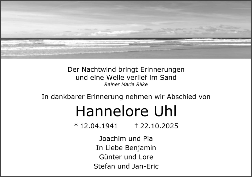  Traueranzeige für Hannelore Uhl vom 07.11.2025 aus  Anzeigen Echo  Lokalanzeiger 