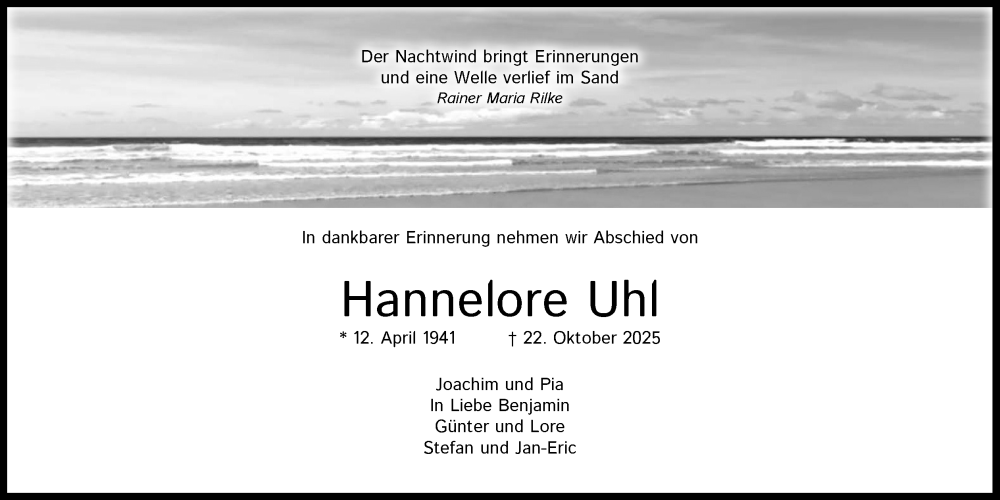  Traueranzeige für Hannelore Uhl vom 08.11.2025 aus Kölner Stadt-Anzeiger / Kölnische Rundschau / Express