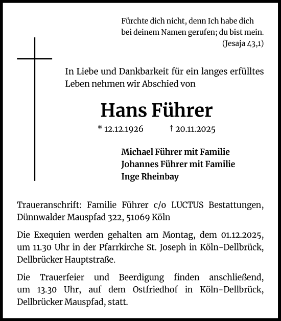 Anzeige von Hans Führer von Kölner Stadt-Anzeiger / Kölnische Rundschau / Express
