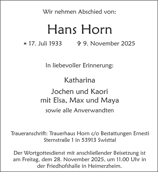 Anzeige von Hans Horn von  Schaufenster/Blickpunkt 