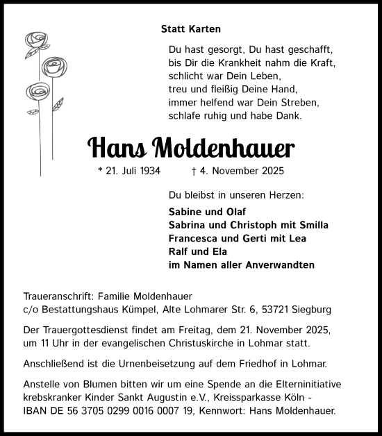 Anzeige von Hans Moldenhauer von Kölner Stadt-Anzeiger / Kölnische Rundschau / Express