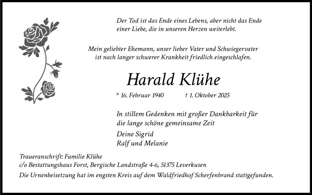  Traueranzeige für Harald Klühe vom 15.11.2025 aus Kölner Stadt-Anzeiger / Kölnische Rundschau / Express