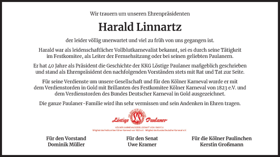 Anzeige von Harald Linnartz von Kölner Stadt-Anzeiger / Kölnische Rundschau / Express