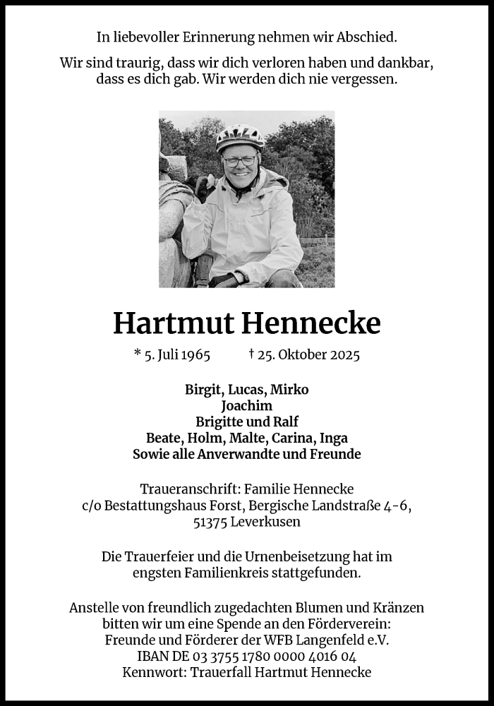  Traueranzeige für Hartmut Hennecke vom 22.11.2025 aus Kölner Stadt-Anzeiger / Kölnische Rundschau / Express