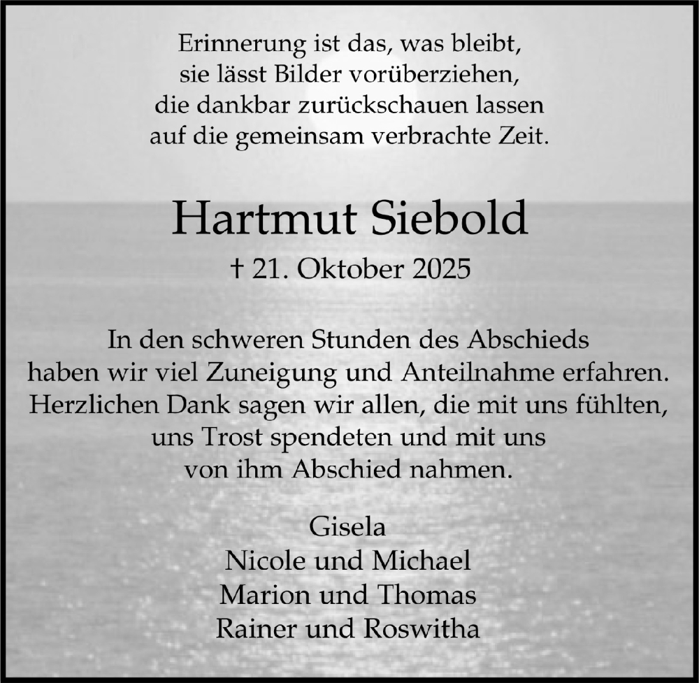 Traueranzeige für Hartmut Siebold vom 28.11.2025 aus  Lokale Informationen 