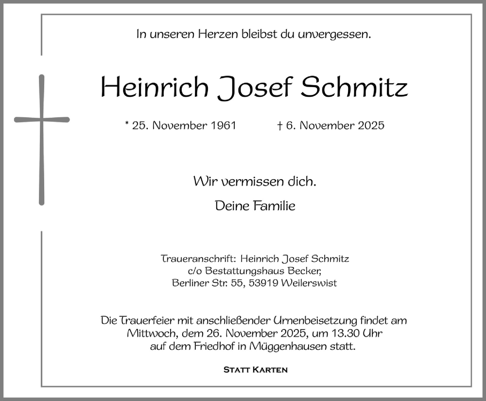  Traueranzeige für Heinrich Josef Schmitz vom 15.11.2025 aus  Blickpunkt Euskirchen 