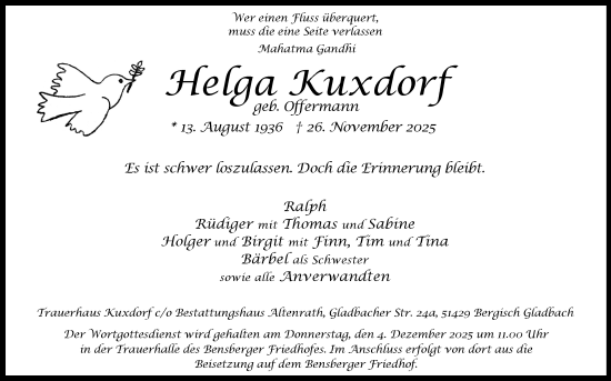 Anzeige von Helga Kuxdorf von Kölner Stadt-Anzeiger / Kölnische Rundschau / Express
