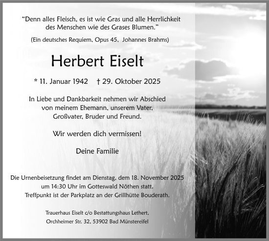 Anzeige von Herbert Eiselt von  Blickpunkt Euskirchen 