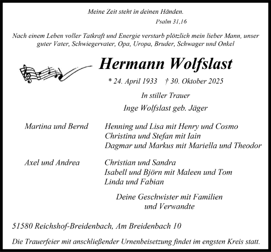 Anzeige von Hermann Wolfslast von  Anzeigen Echo 