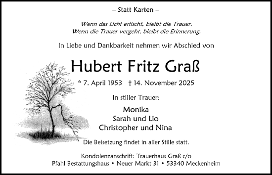 Anzeige von Hubert Fritz Graß von  Schaufenster/Blickpunkt 
