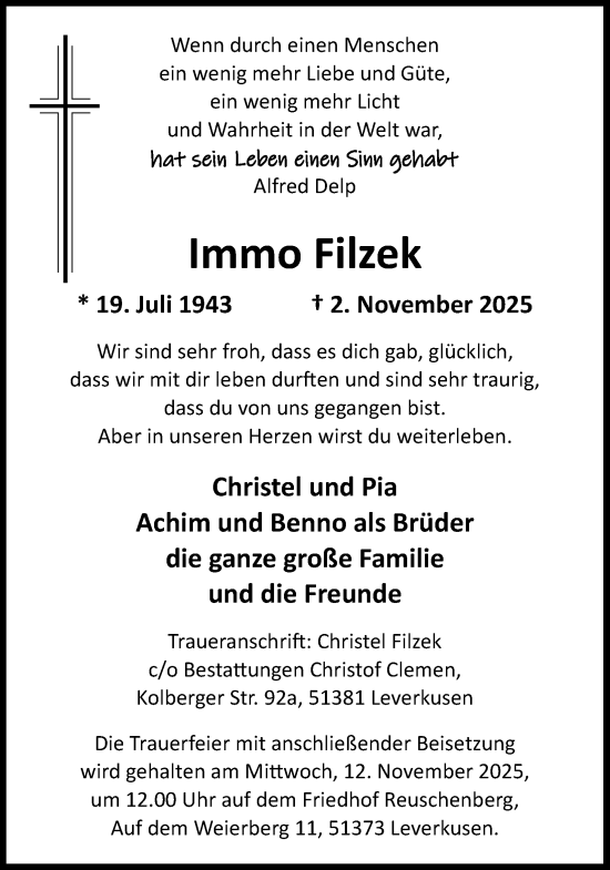 Anzeige von Immo Filzek von Kölner Stadt-Anzeiger / Kölnische Rundschau / Express