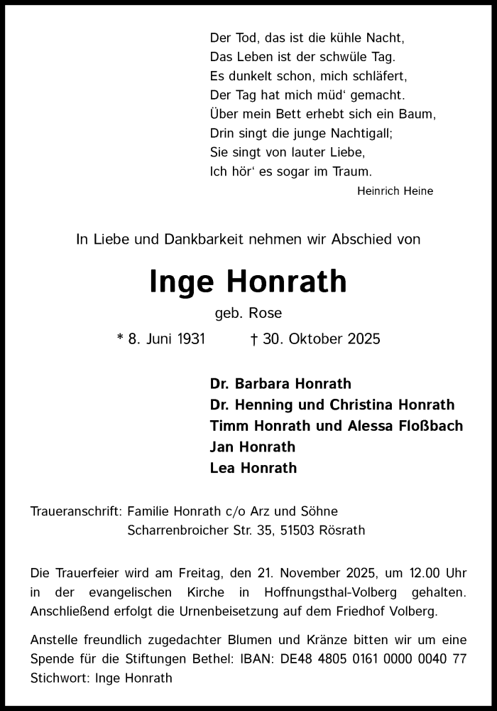  Traueranzeige für Inge Honrath vom 08.11.2025 aus Kölner Stadt-Anzeiger / Kölnische Rundschau / Express