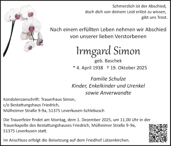 Anzeige von Irmgard Simon von Kölner Stadt-Anzeiger / Kölnische Rundschau / Express