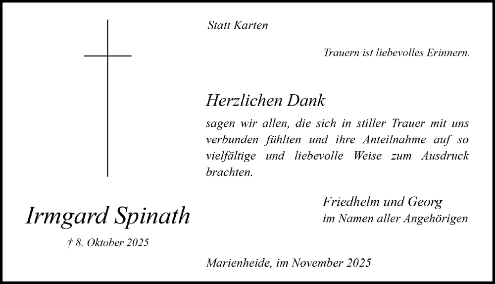  Traueranzeige für Irmgard Spinath vom 07.11.2025 aus  Anzeigen Echo 