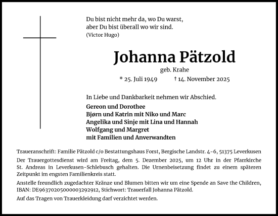 Anzeige von Johanna Pätzold von Kölner Stadt-Anzeiger / Kölnische Rundschau / Express