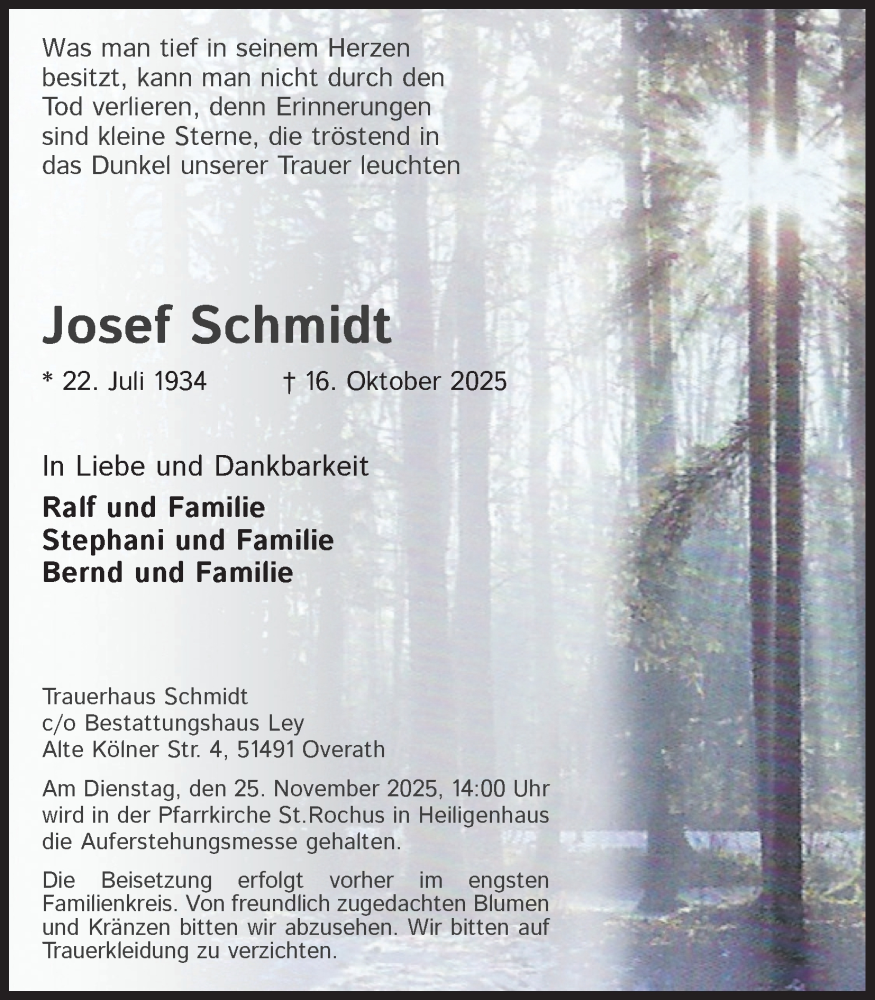  Traueranzeige für Josef Schmidt vom 08.11.2025 aus Kölner Stadt-Anzeiger / Kölnische Rundschau / Express