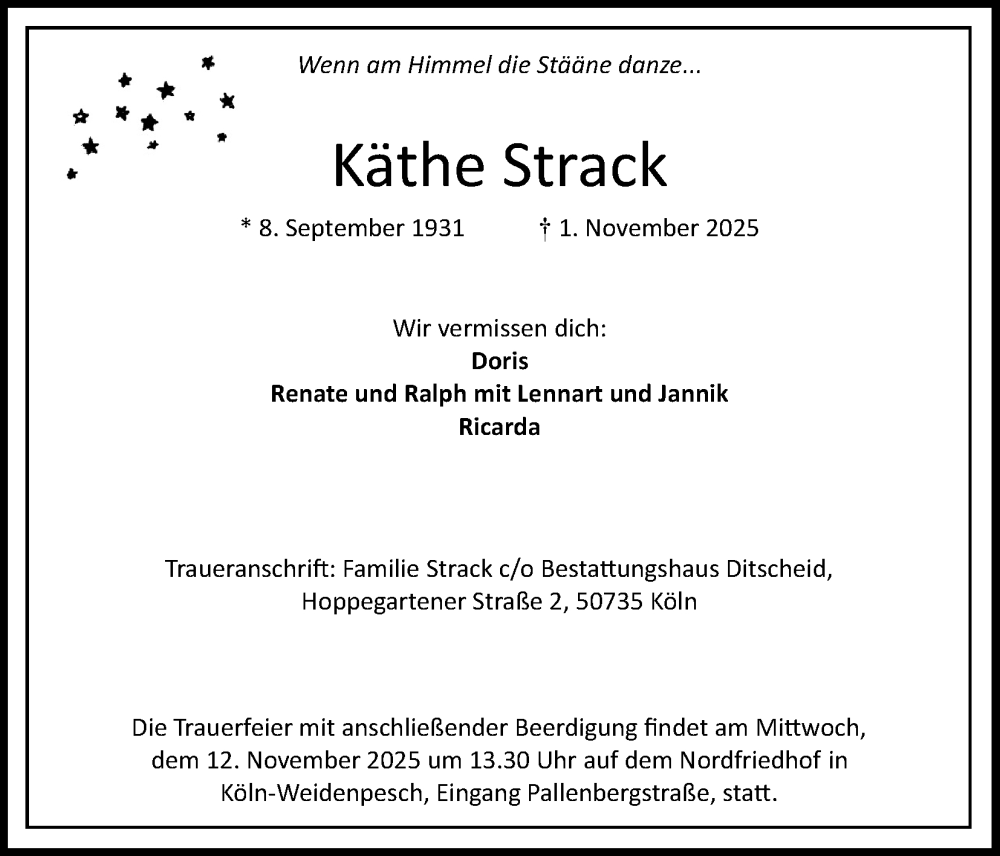  Traueranzeige für Käthe Strack vom 08.11.2025 aus Kölner Stadt-Anzeiger / Kölnische Rundschau / Express