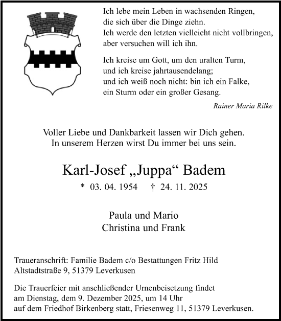 Anzeige von Karl-Josef Badem von Kölner Stadt-Anzeiger / Kölnische Rundschau / Express