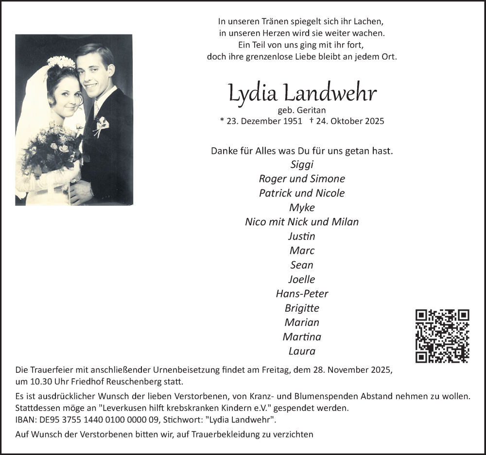  Traueranzeige für Lydia Landwehr vom 22.11.2025 aus Kölner Stadt-Anzeiger / Kölnische Rundschau / Express