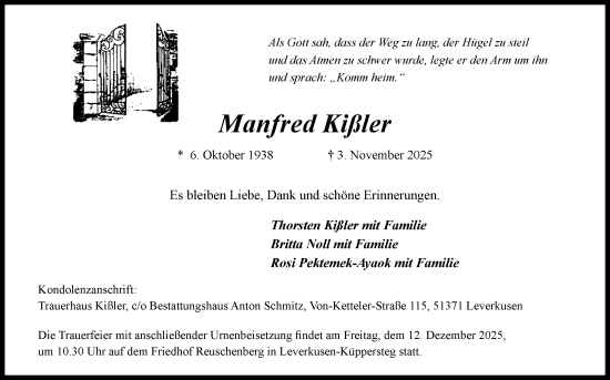 Anzeige von Manfred Kißler von Kölner Stadt-Anzeiger / Kölnische Rundschau / Express