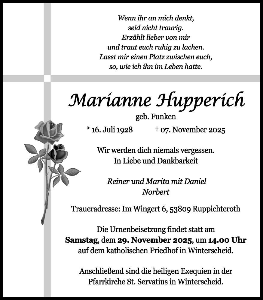  Traueranzeige für Marianne Hupperich vom 15.11.2025 aus Kölner Stadt-Anzeiger / Kölnische Rundschau / Express
