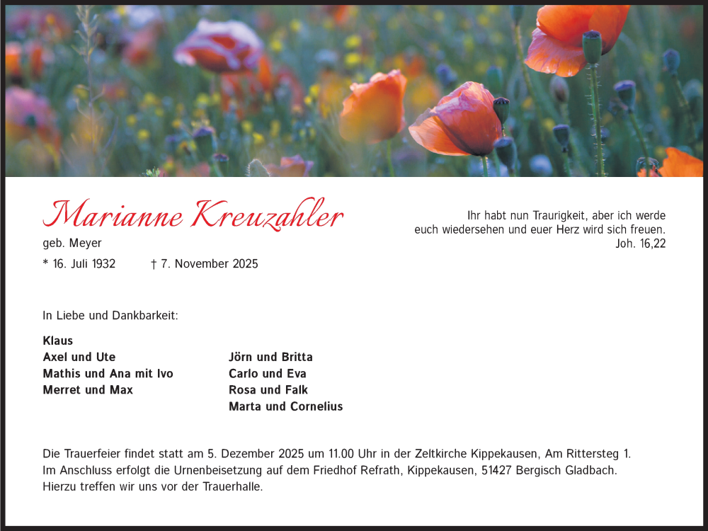  Traueranzeige für Marianne Kreuzahler vom 22.11.2025 aus Kölner Stadt-Anzeiger / Kölnische Rundschau / Express