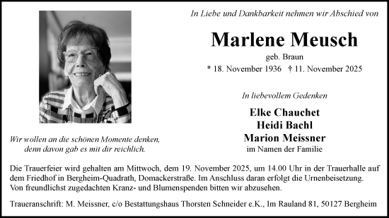Anzeige von Marlene Meusch von Kölner Stadt-Anzeiger / Kölnische Rundschau / Express